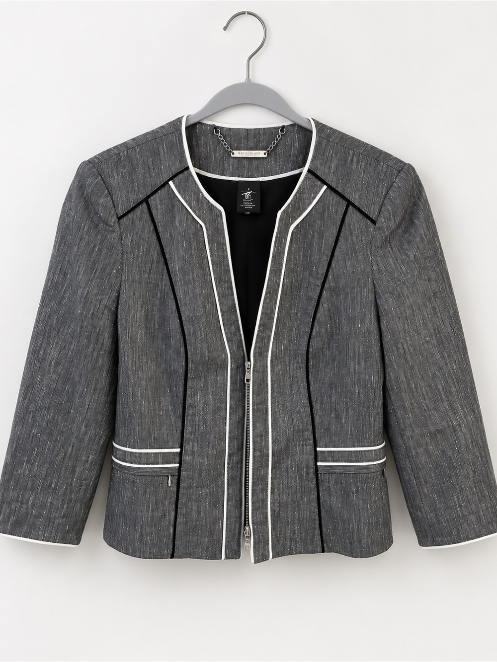 White House Black Market Size 8 Gray Piped Zip-Front Cropped Blazer Jacket